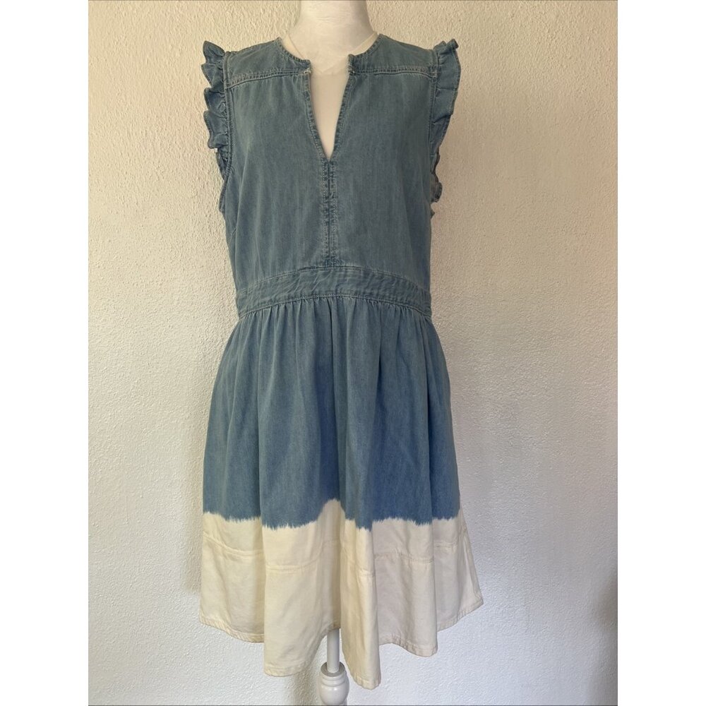 Kate Spade Dip-Dyed‎ Denim Dress Size 12 V Neck Tiered Bottom Pockets Ruffle